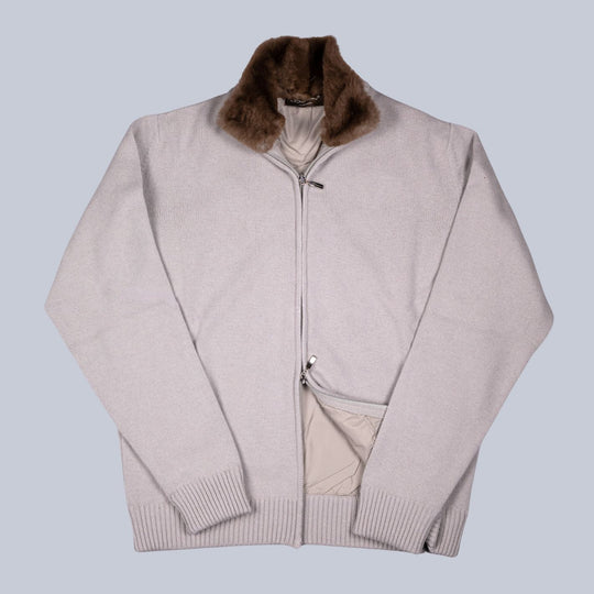Oatmeal Wool Cashmere Fur Collar Zip Cardigan