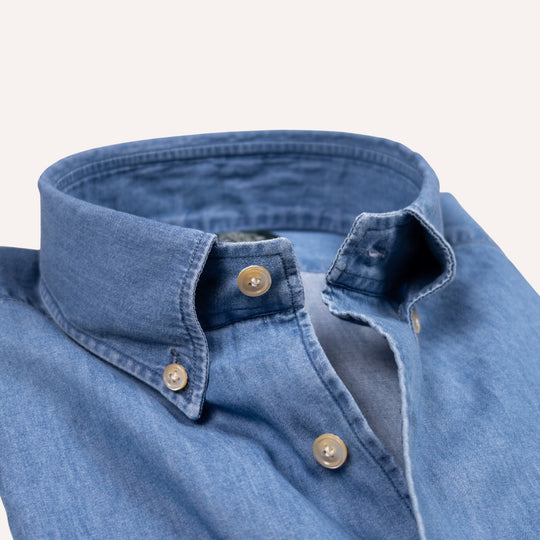 Washed Blue Denim Button Down Shirt - Slim Fit