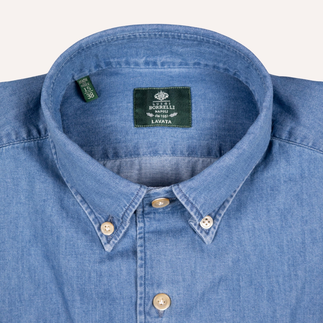 Washed Blue Denim Button Down Shirt - Slim Fit