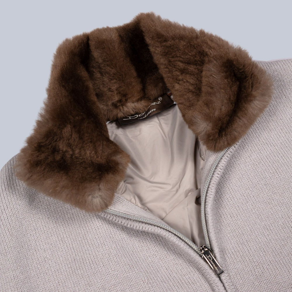 Oatmeal Wool Cashmere Fur Collar Zip Cardigan