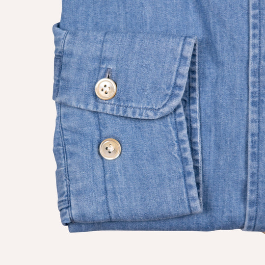Washed Blue Denim Button Down Shirt - Slim Fit