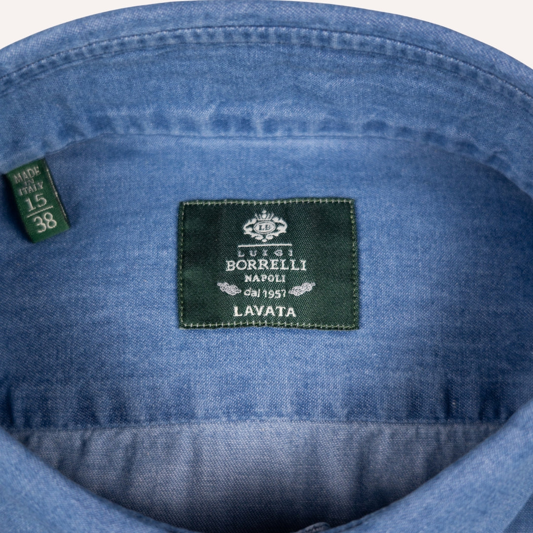 Washed Blue Denim Button Down Shirt - Slim Fit