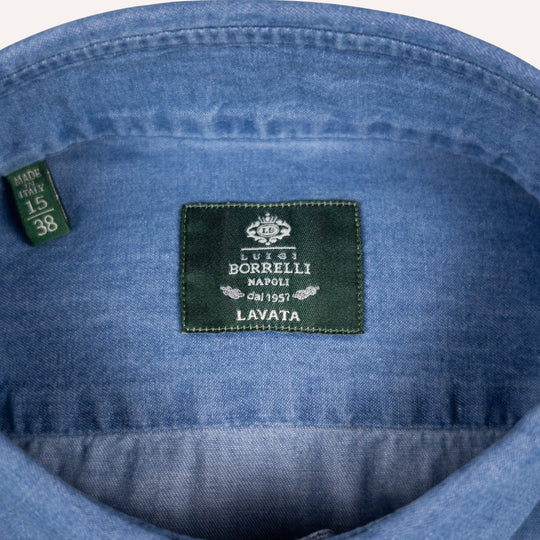 Washed Blue Denim Button Down Shirt - Slim Fit