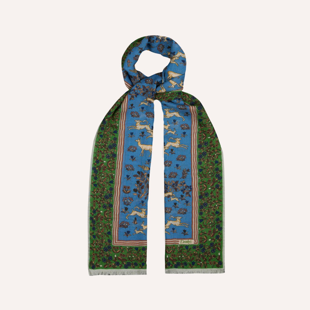 Blue Archival Animals Print Wool-Silk Scarf
