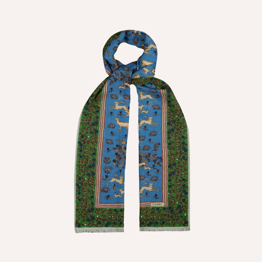 Blue Archival Animals Print Wool-Silk Scarf