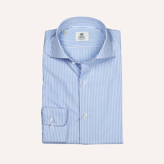 Blue White Striped Cotton Poplin Cutaway Shirt - Slim Fit