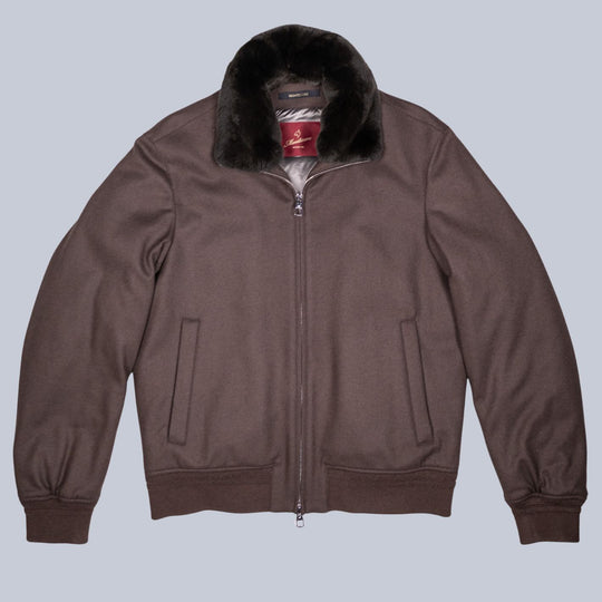 Brown Fur Collar Wool Bomber Jacket