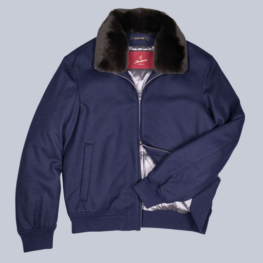 Navy Fur Collar Wool Bomber Jacket