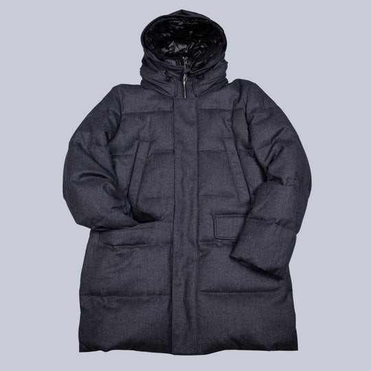 Grey Down Padded Wool Flannel Hooded Puffer