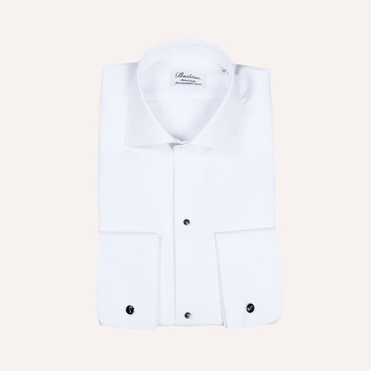 White Pique Front Fitted Body Tuxedo Shirt