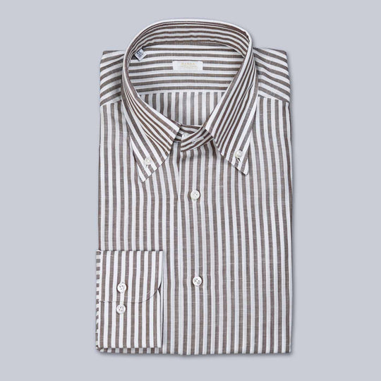 Brown Striped Cotton Linen Regular Button Down Shirt
