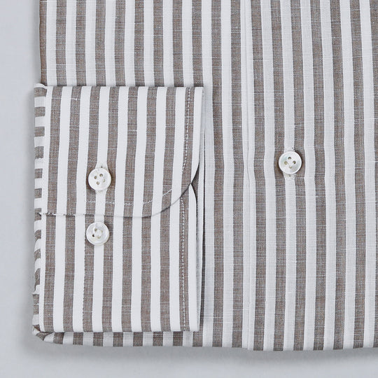 Brown Striped Cotton Linen Slim Button Down Shirt