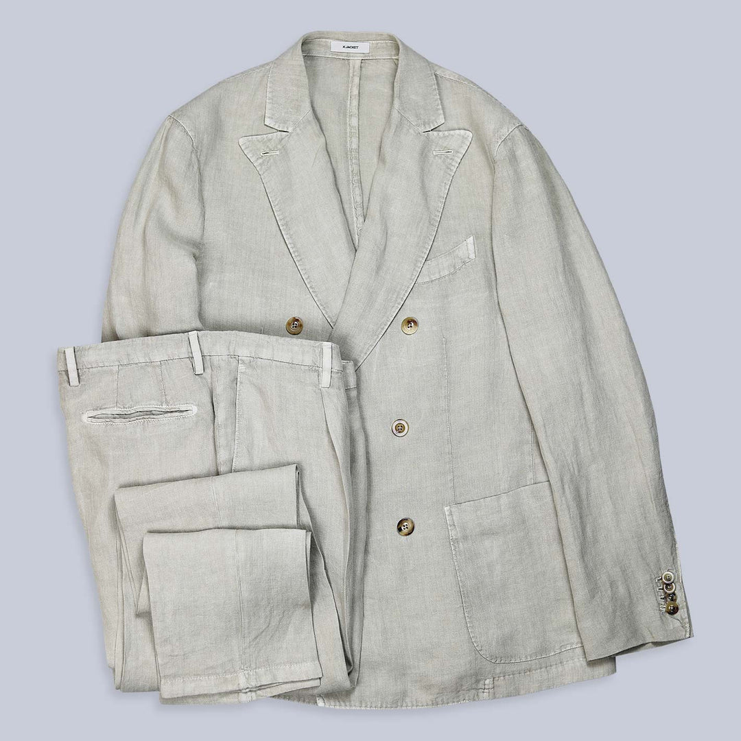 Beige Herringbone Double Breasted Linen Suit