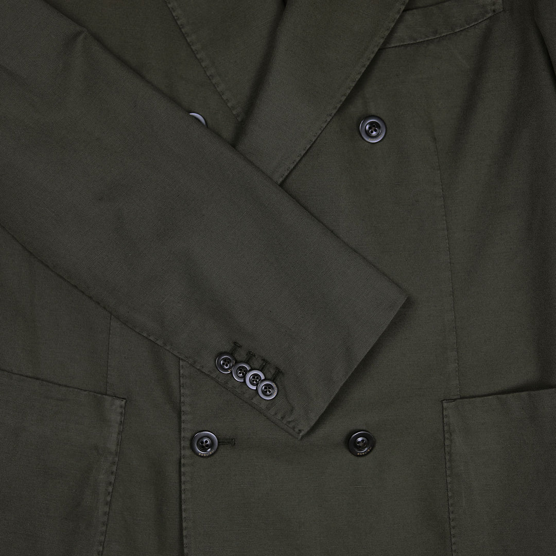 Dark Green Cotton Linen Double-Breasted Blazer