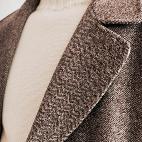 Light Brown Herringbone Wool Double-Breasted Grandad Coat