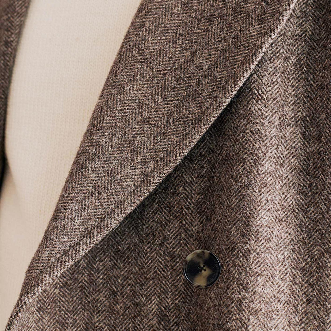 Light Brown Herringbone Wool Double-Breasted Grandad Coat