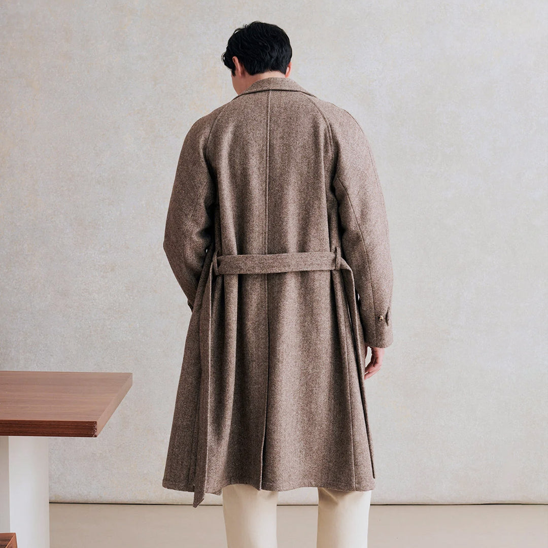 Light Brown Herringbone Wool Double-Breasted Grandad Coat