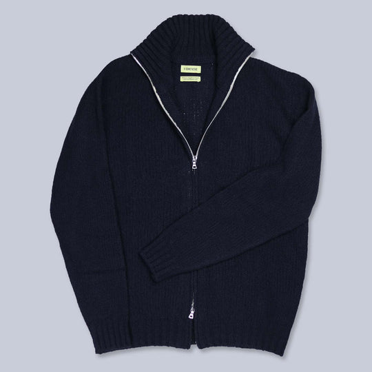 Navy Wool Bouclé Zip Sweater