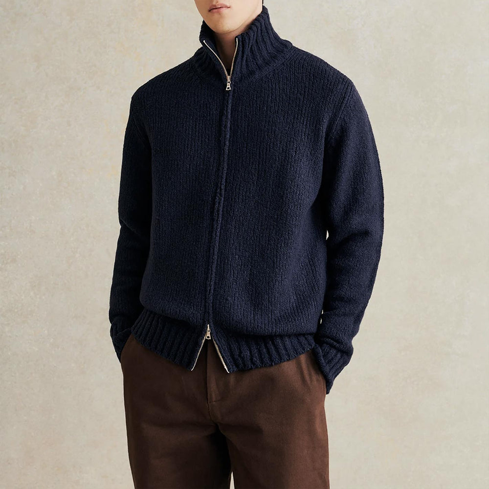 Navy Wool Bouclé Zip Sweater