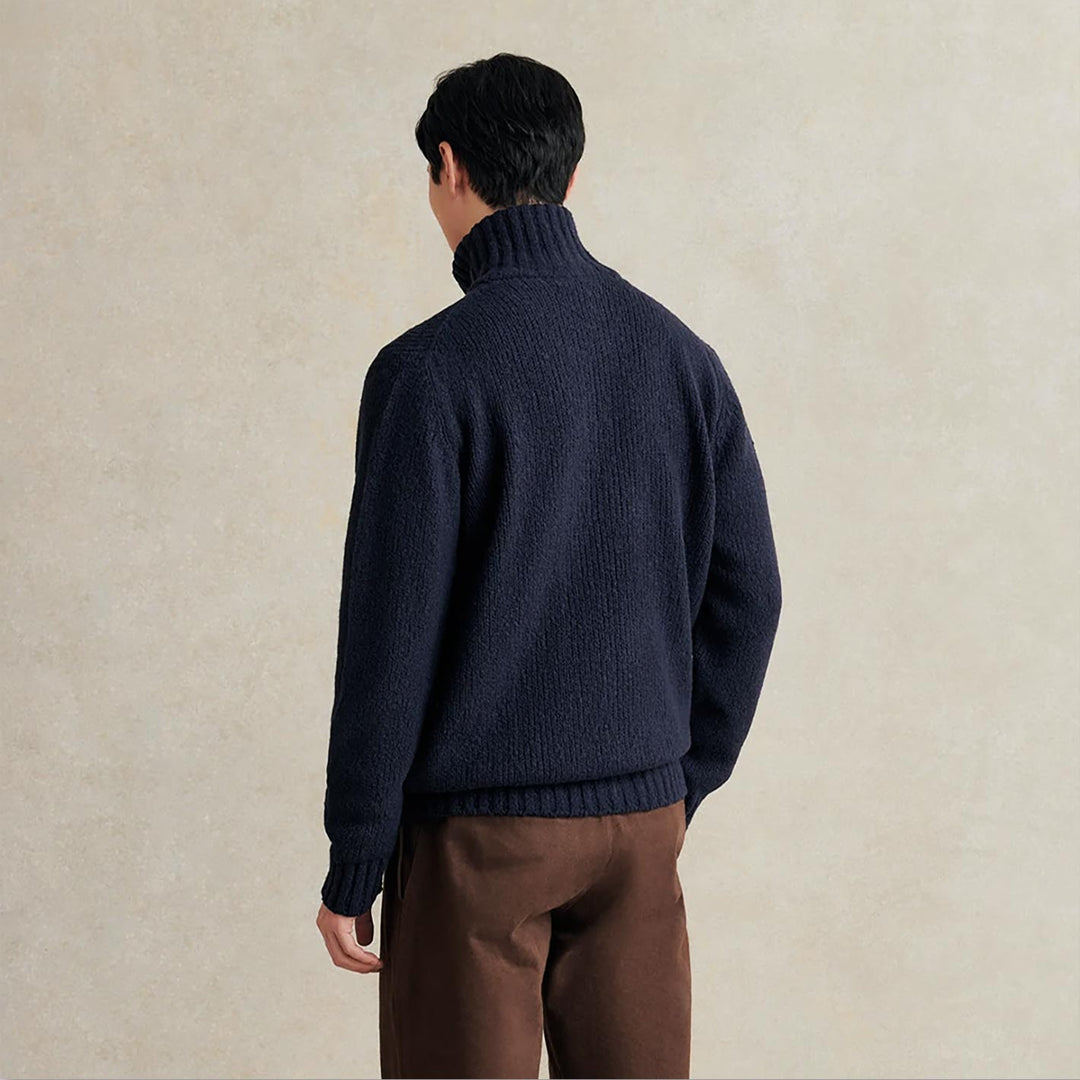 Navy Wool Bouclé Zip Sweater