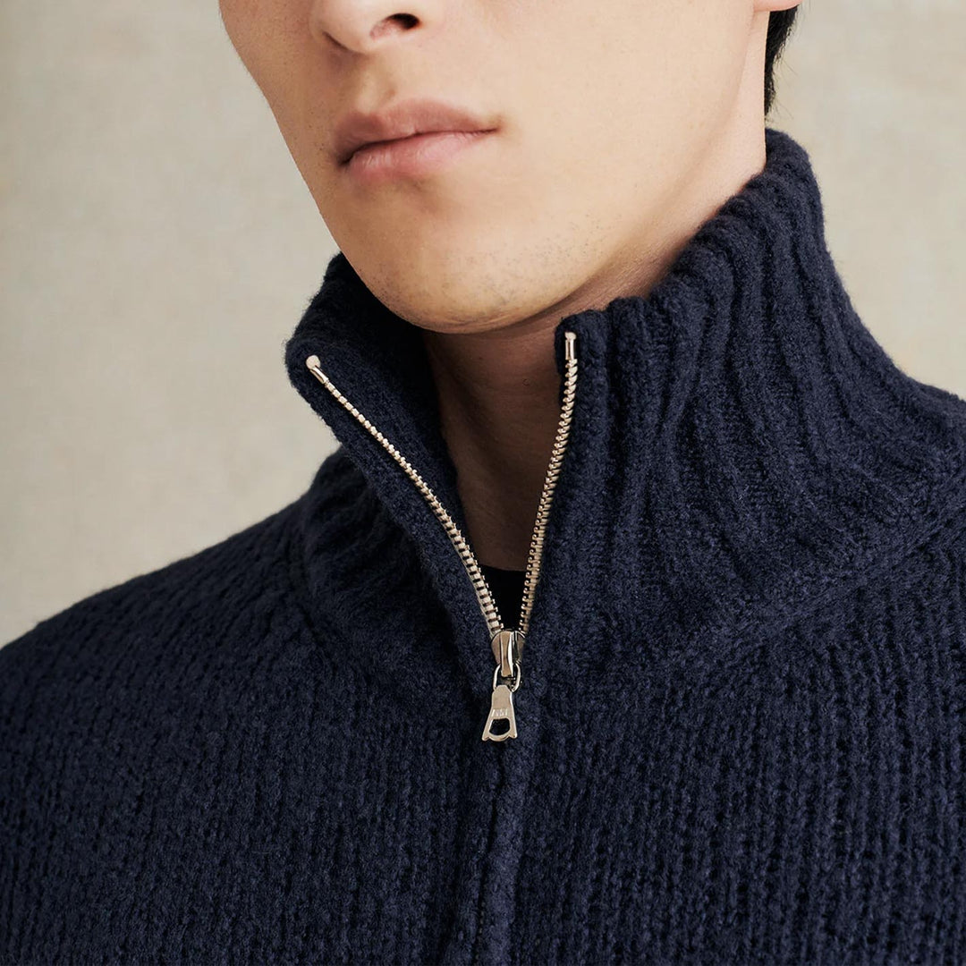 Navy Wool Bouclé Zip Sweater