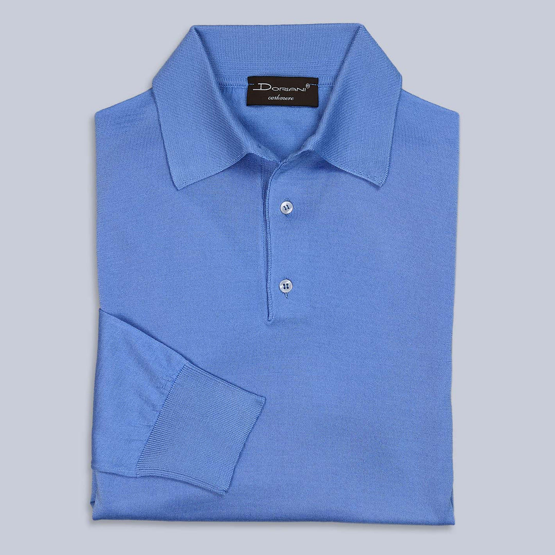 Blue Wool Silk Cashmere Long Sleeve Polo Shirt
