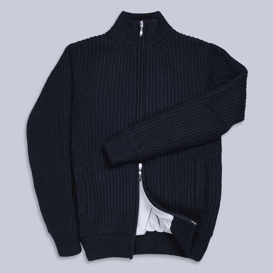 Navy Cashmere Wool Padded Zip Cardigan