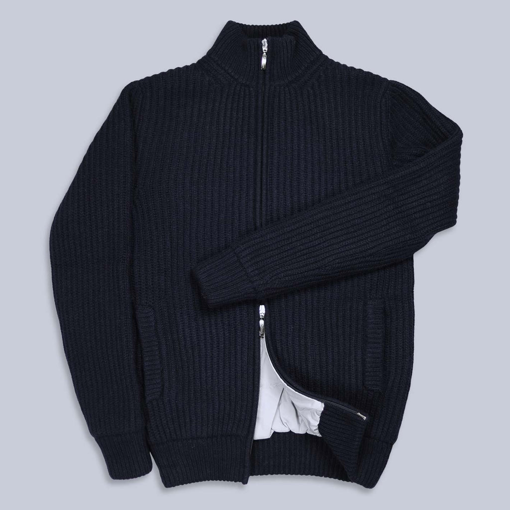 Navy Cashmere Wool Padded Zip Cardigan – Lund & Lund