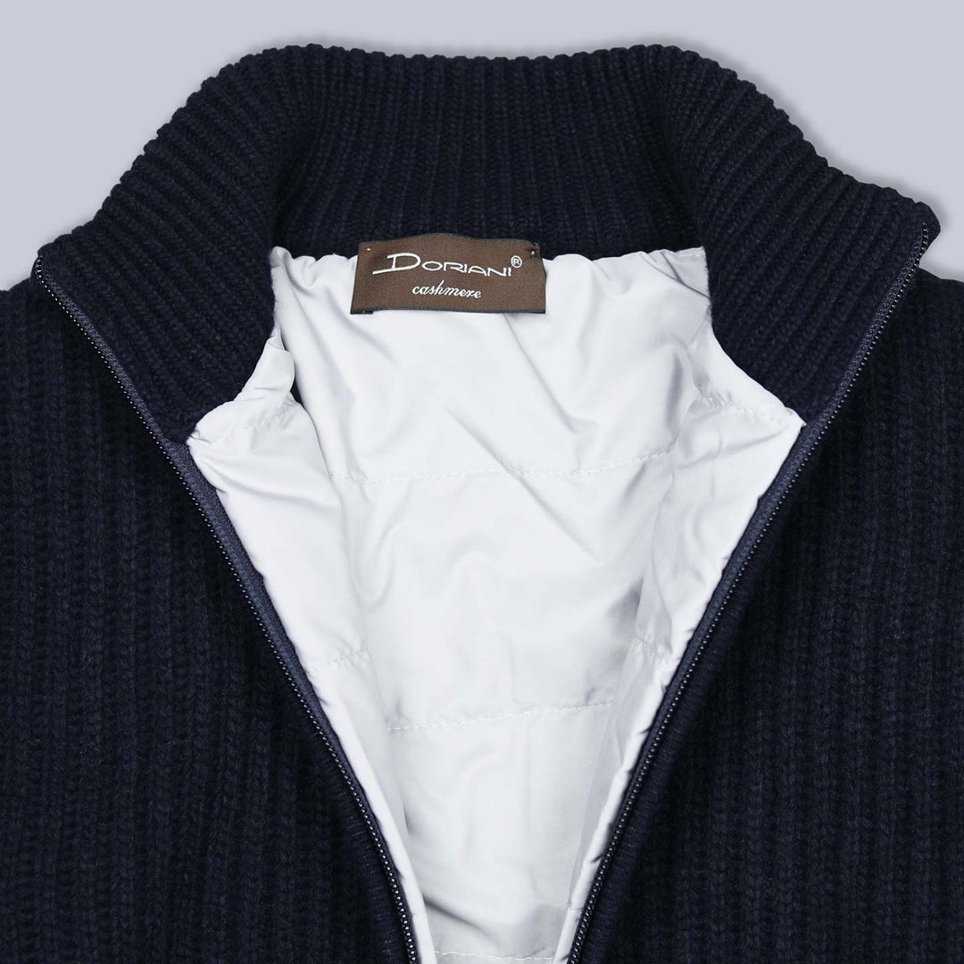 Navy Cashmere Wool Padded Zip Cardigan