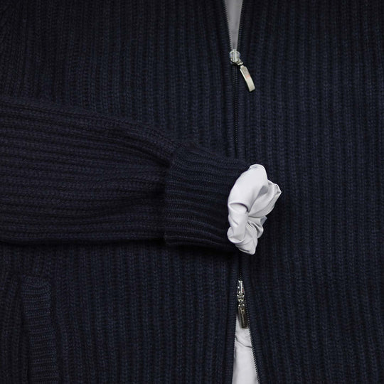 Navy Cashmere Wool Padded Zip Cardigan