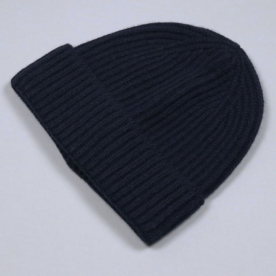Navy Ribbed Cashmere Beanie