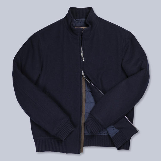 Navy Super 180's Wool Padded Bomber Jacket