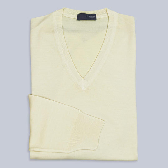 Light Yellow Superfine 140s Washed Wool V-neck Sweater