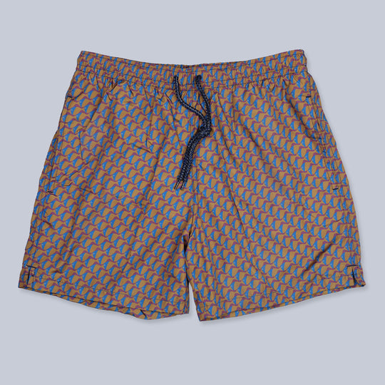 Brown Blue Fish Printed Swim Shorts