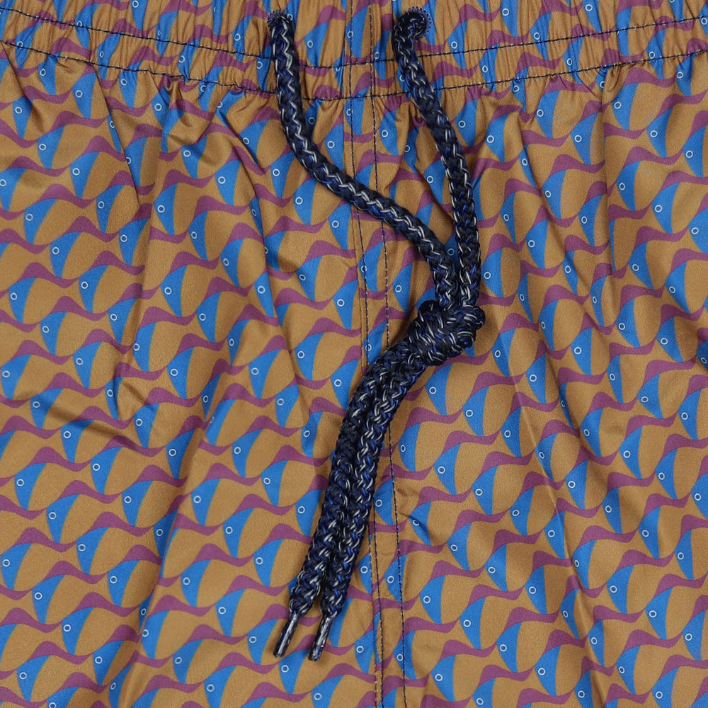 Brown Blue Fish Printed Swim Shorts
