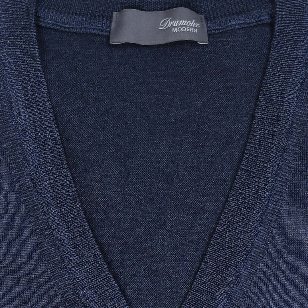 Dark Blue Superfine 140s Washed Wool V-neck Sweater