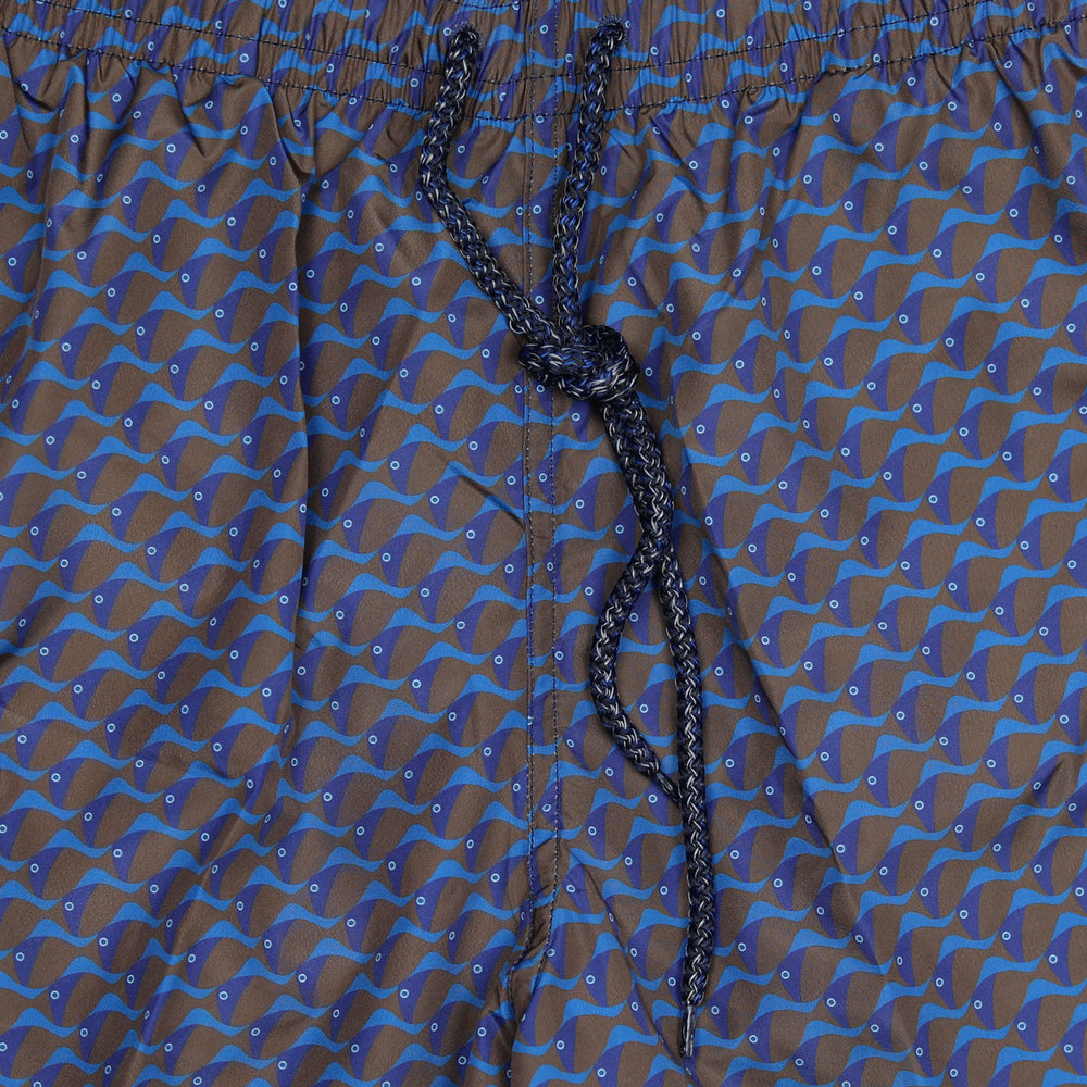 Dark Brown Navy Fish Printed Swim Shorts