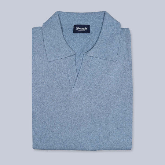 Denim Blue Cotton Blend Short Sleeve Polo Shirt