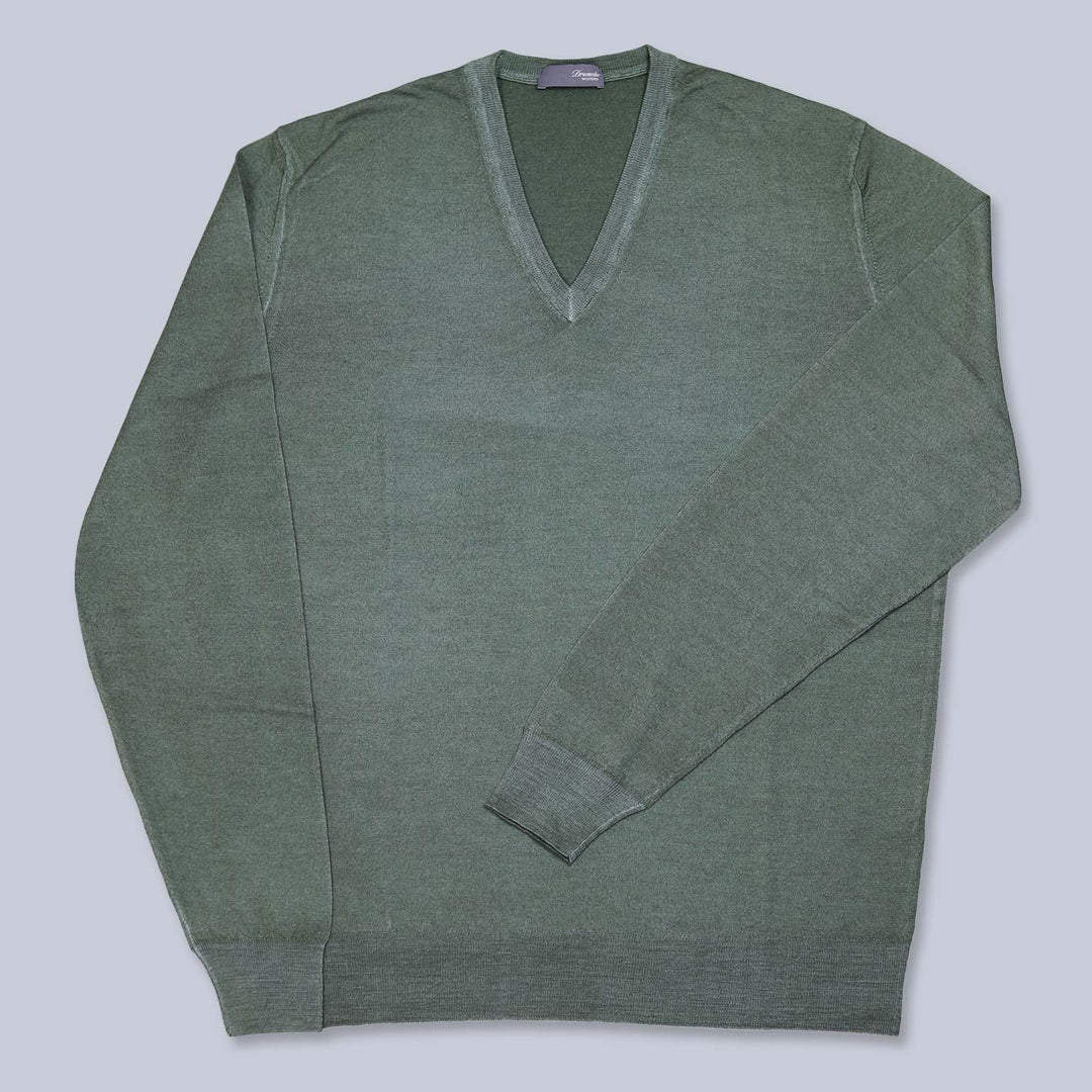 Green Superfine 140s Washed Wool V-neck Sweater