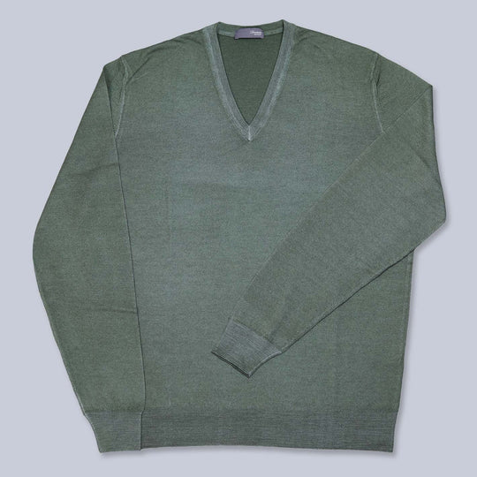 Green Superfine 140s Washed Wool V-neck Sweater