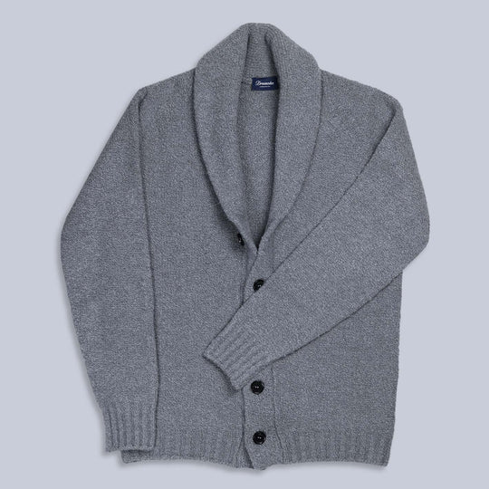 Grey Merino Wool Bouclé Shawl Collar Cardigan