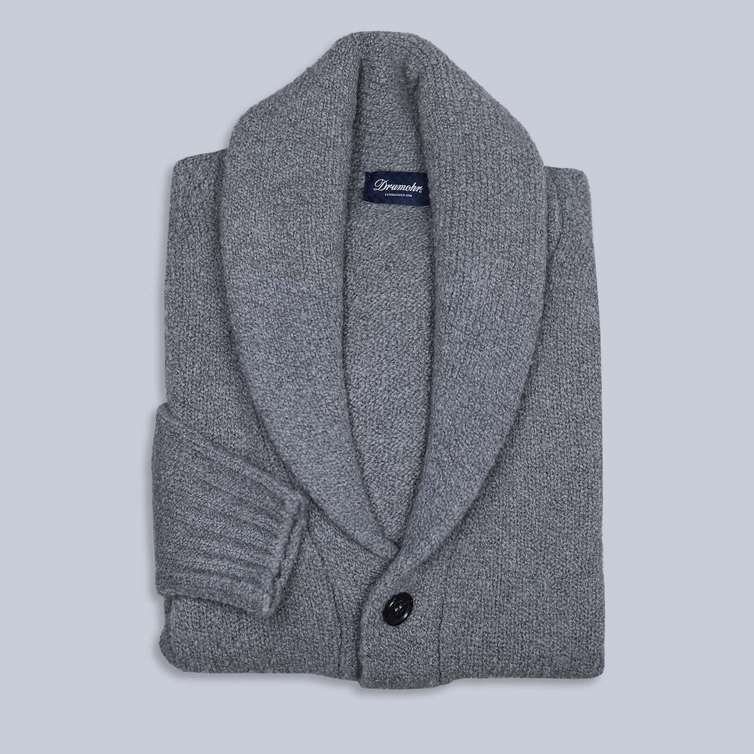 Grey Merino Wool Bouclé Shawl Collar Cardigan