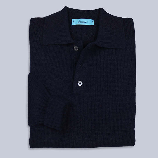 Navy Lambswool Long Sleeve Polo Shirt