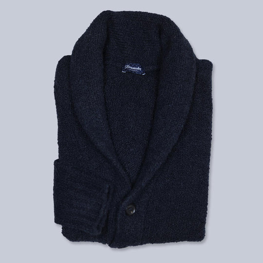 Navy Merino Wool Bouclé Shawl Collar Cardigan