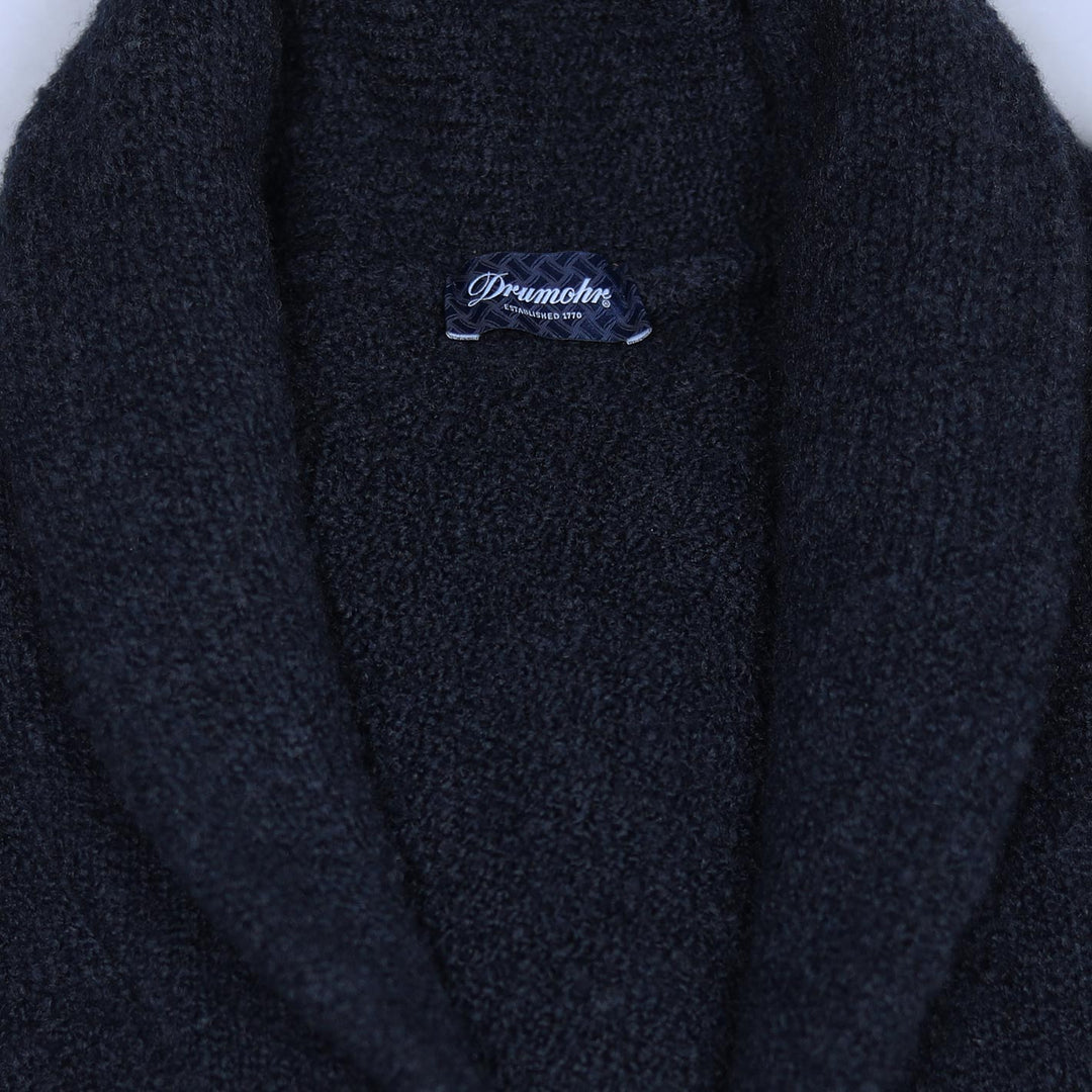 Navy Merino Wool Bouclé Shawl Collar Cardigan