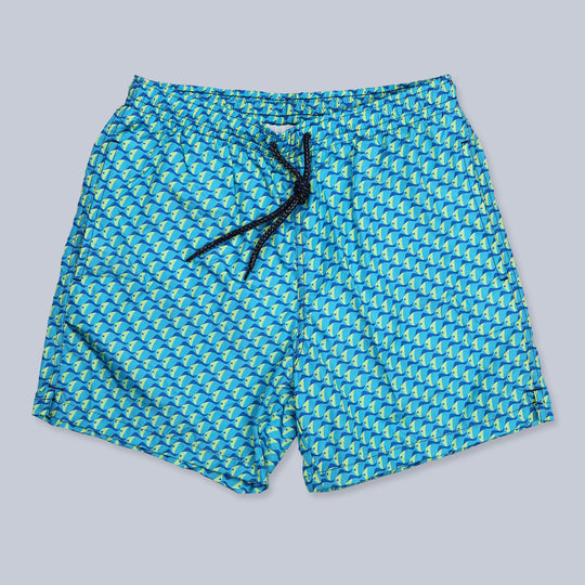Turquoise Yellow Fish Printed Swim Shorts