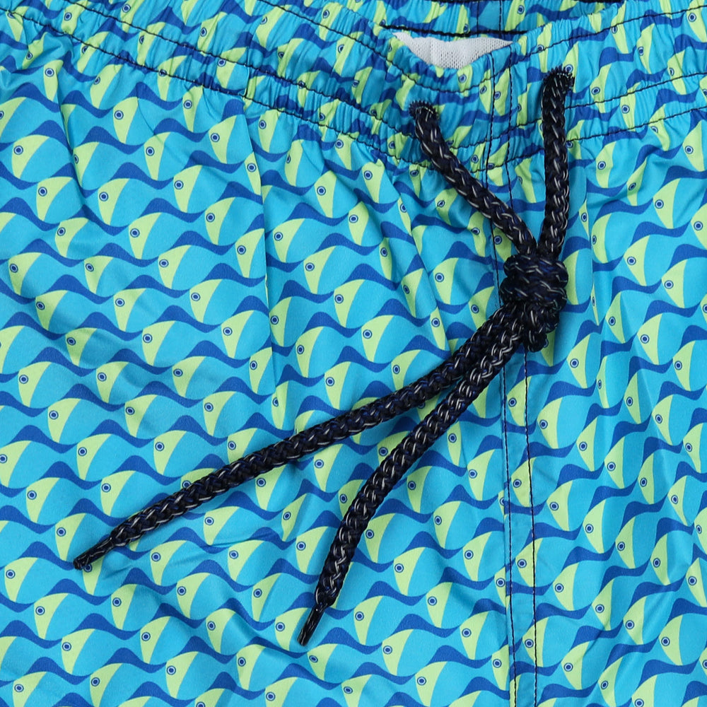 Turquoise Yellow Fish Printed Swim Shorts