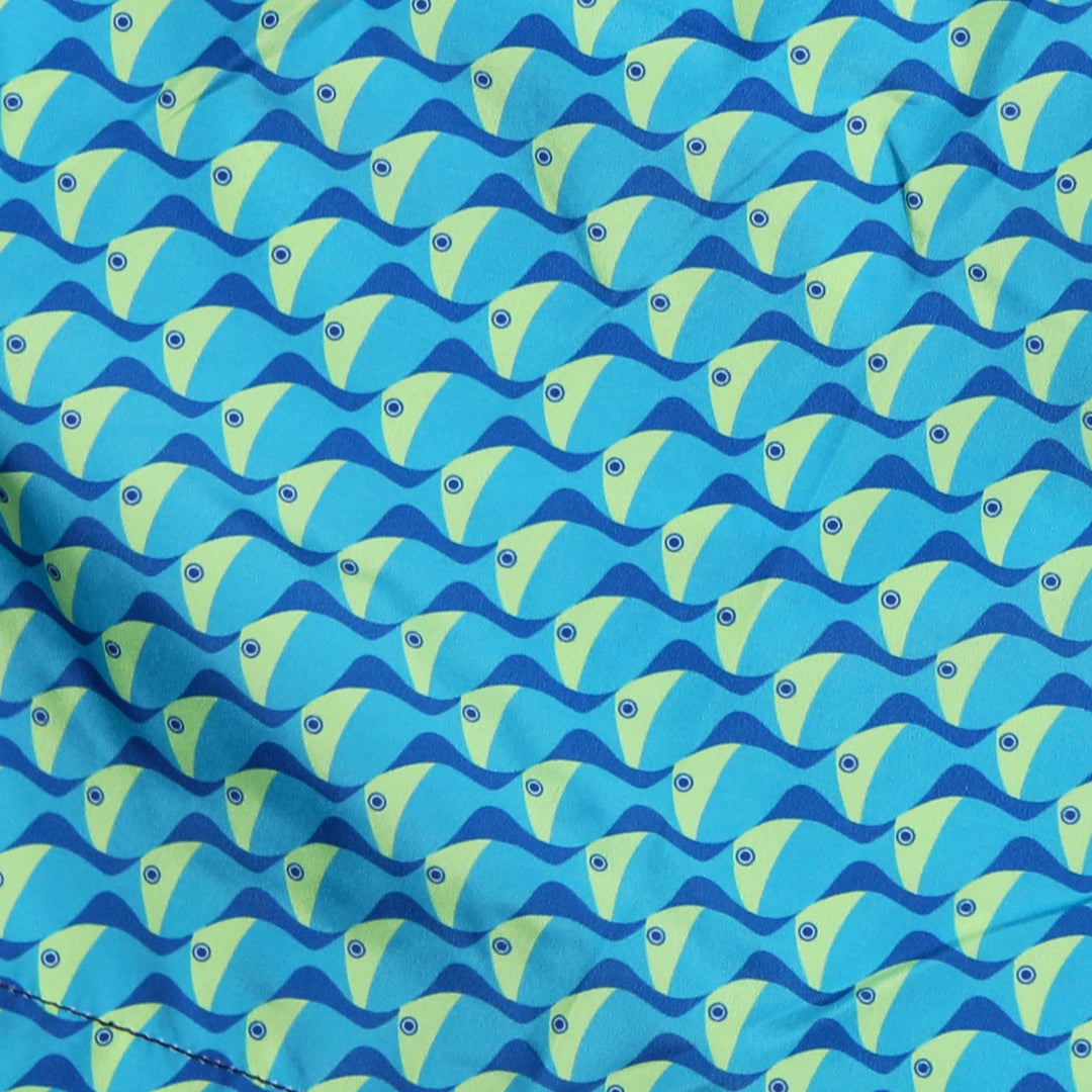 Turquoise Yellow Fish Printed Swim Shorts