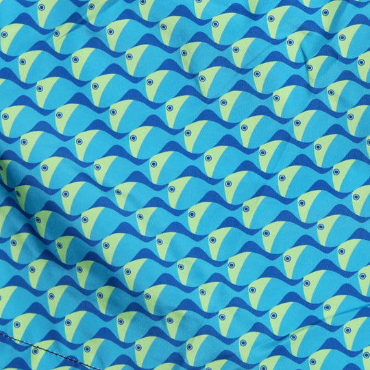 Turquoise Yellow Fish Printed Swim Shorts