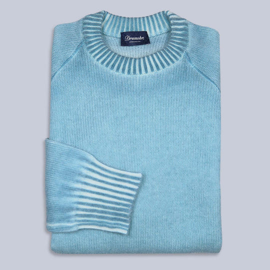 Cyan Blue Garment-dyed Cashmere Crewneck Sweater